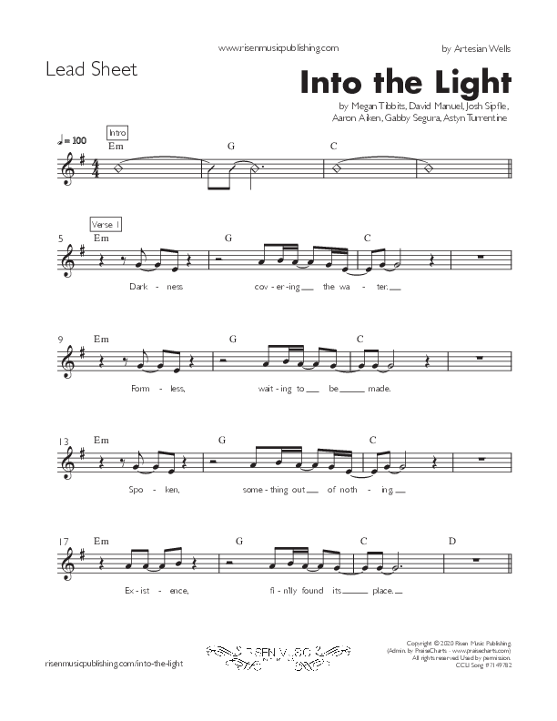 Into the Light Lead Sheet (Artesian Wells Worship)