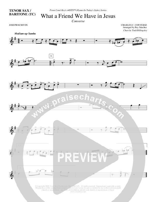 What A Friend We Have In Jesus Tenor Sax/Baritone T.C. (Todd Billingsley)