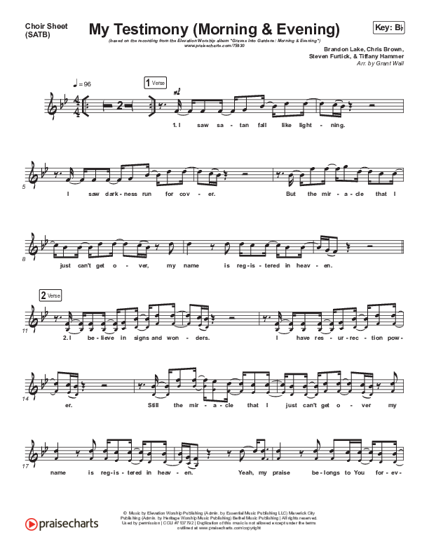 My Testimony (Morning & Evening) Choir Sheet (SATB) (Elevation Worship)