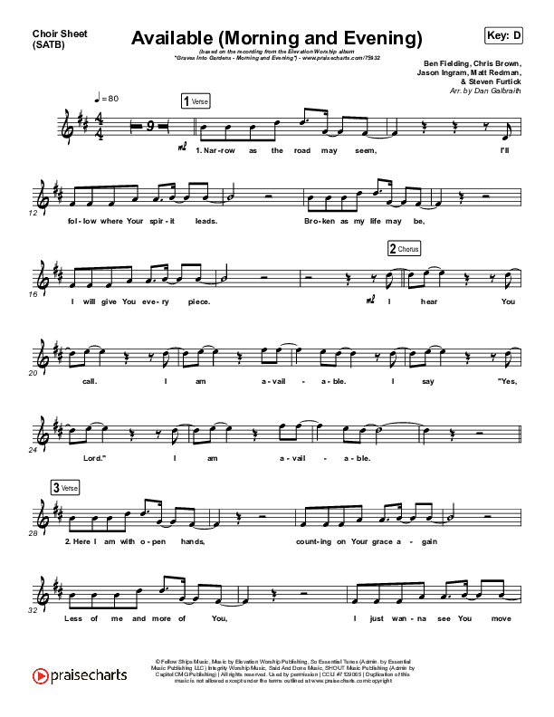 Available (Morning & Evening) Choir Sheet (SATB) (Elevation Worship)