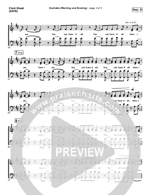 Available (Morning & Evening) Choir Sheet (SATB) (Elevation Worship)