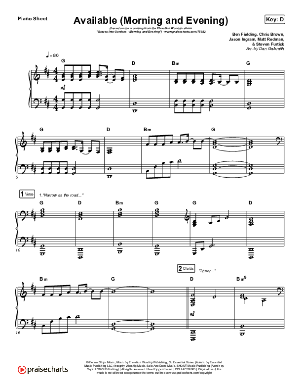 Available (Morning & Evening) Piano Sheet (Elevation Worship)