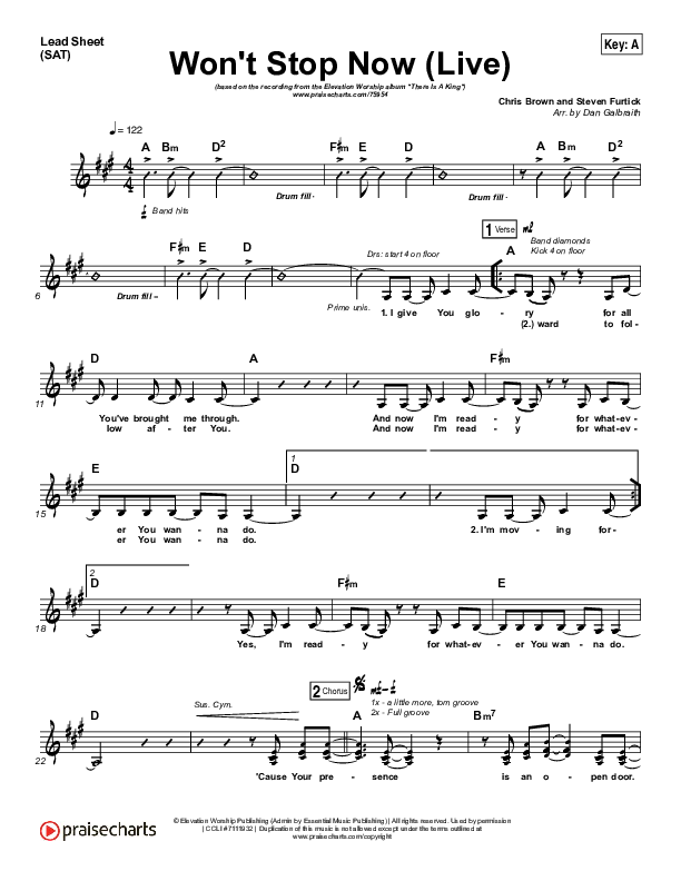 Won't Stop Now (Live) Lead Sheet (SAT) (Elevation Worship / Brandon Lake)