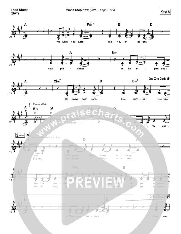 Won't Stop Now (Live) Lead Sheet (SAT) (Elevation Worship / Brandon Lake)