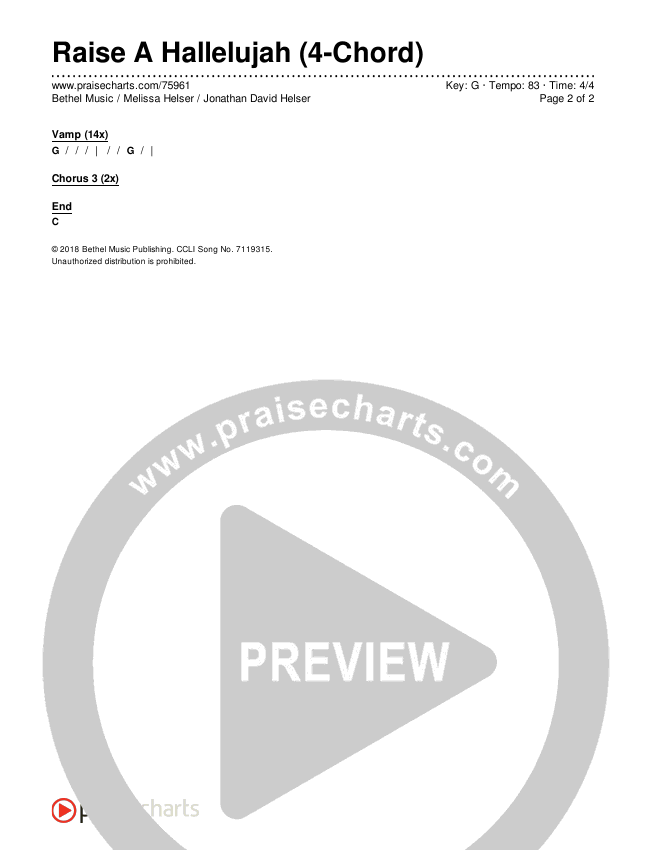 Raise A Hallelujah (4Chord) Chords PDF (Bethel Music / Melissa Helser