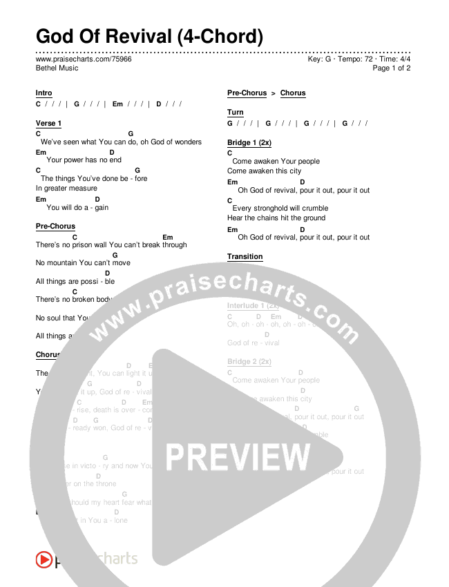 God Of Revival (4-Chord) Chord Chart (Bethel Music)