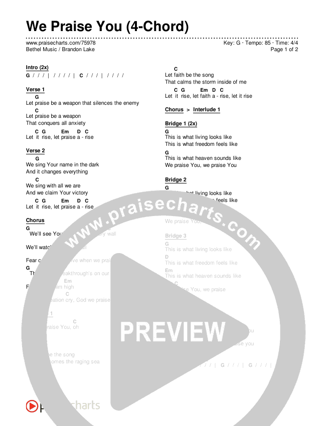 We Praise You (4-Chord) Chord Chart (Bethel Music / Brandon Lake)