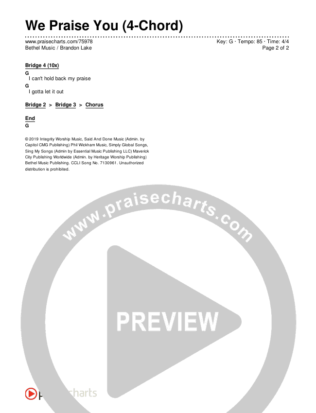 We Praise You (4-Chord) Chord Chart (Bethel Music / Brandon Lake)