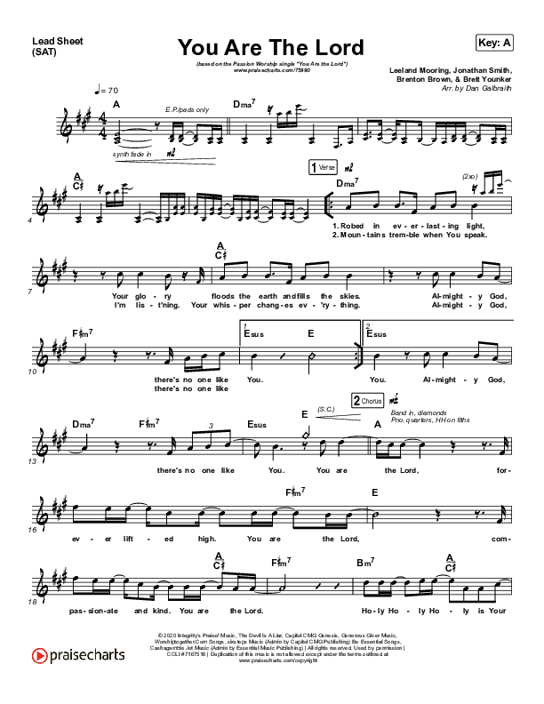 You Are The Lord Lead Sheet (SAT) (Passion / Brett Younker / Naomi Raine)