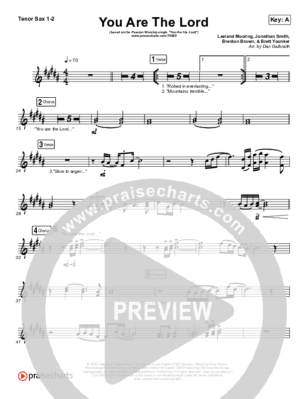 You Are The Lord Tenor Sax 1/2 (Passion / Brett Younker / Naomi Raine)