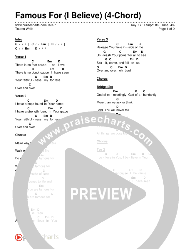 Famous For (I Believe) (4-Chord) Chord Chart (Tauren Wells)