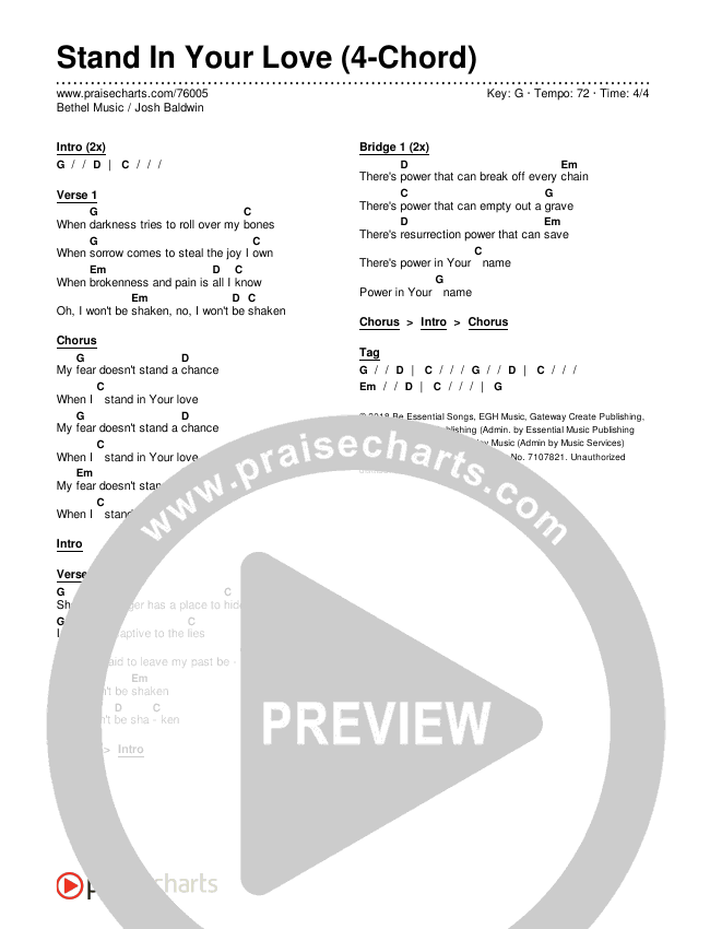 Stand In Your Love (4-Chord) Chord Chart (Bethel Music / Josh Baldwin)