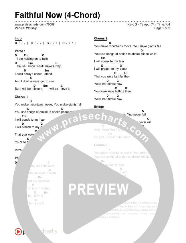 Faithful Now (4-Chord) Chord Chart (Vertical Worship)