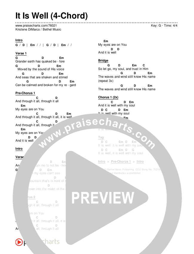 It Is Well (4-Chord) Chord Chart (Kristene DiMarco / Bethel Music)