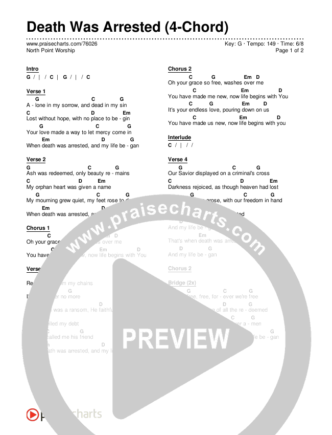 Death Was Arrested (4-Chord) Chord Chart (North Point Worship)