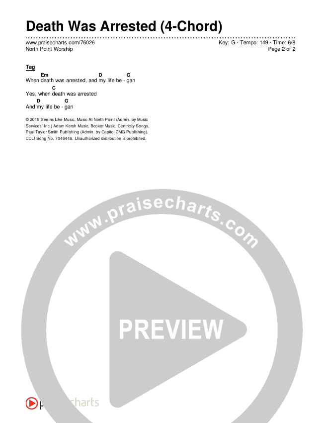 Death Was Arrested (4-Chord) Chord Chart (North Point Worship)