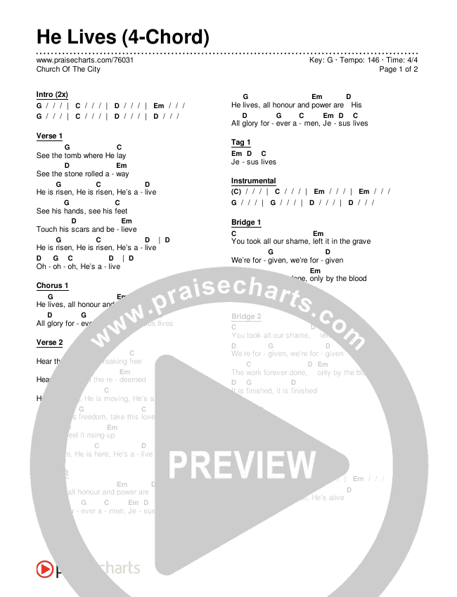 He Lives (4-Chord) Chord Chart (Church Of The City)