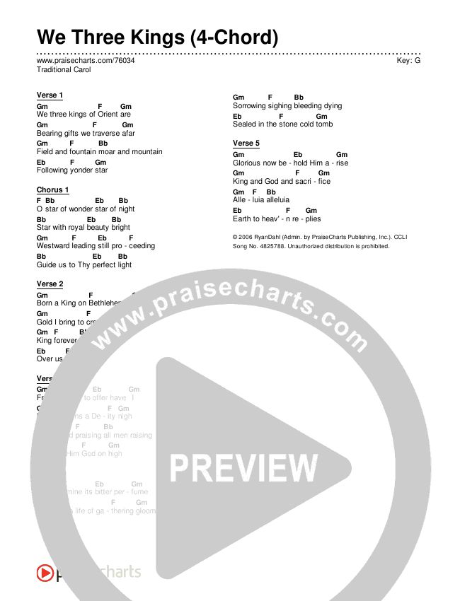 We Three Kings (4-Chord) Chord Chart (Traditional Carol)