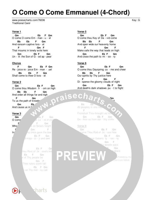 O Come O Come Emmanuel (4-Chord) Chord Chart (Traditional Carol)