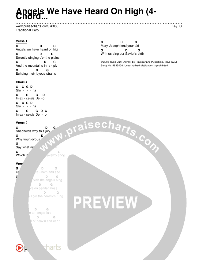 Angels We Have Heard On High (4-Chord) Chord Chart (Traditional Carol)