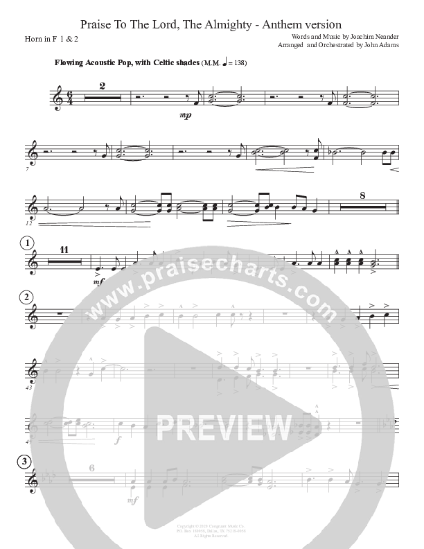 Praise To The Lord The Almighty (Anthem Version) French Horn 1/2 (John Adams)