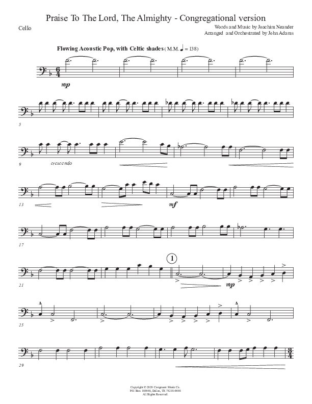 Praise To The Lord The Almighty (Congregational Version) Cello (John Adams)