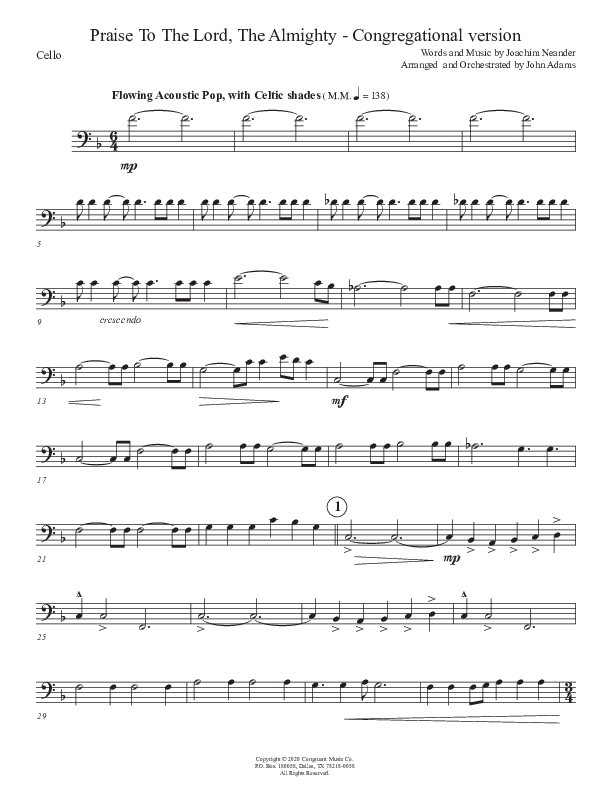 Praise To The Lord The Almighty (Congregational Version) Cello (John Adams)
