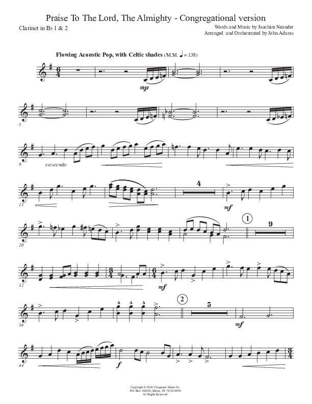 Praise To The Lord The Almighty (Congregational Version) Clarinet 1/2 (John Adams)