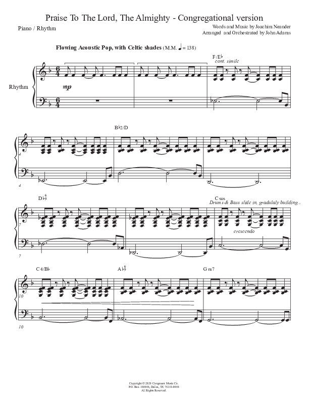 Praise To The Lord The Almighty (Congregational Version) Piano Sheet (John Adams)