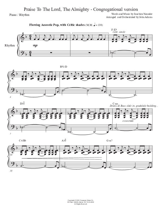 Praise To The Lord The Almighty (Congregational Version) Piano Sheet (John Adams)