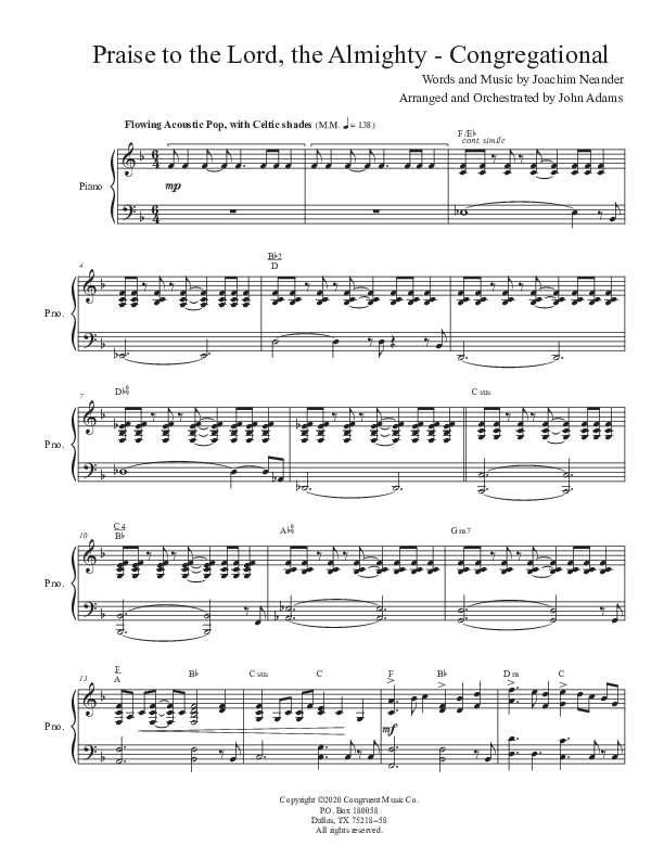 Praise To The Lord The Almighty (Congregational Version) Piano/Vocal (SATB) (John Adams)