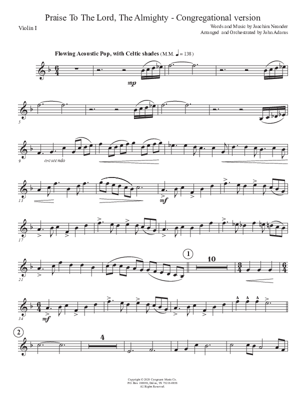 Praise To The Lord The Almighty (Congregational Version) Violin 1 (John Adams)