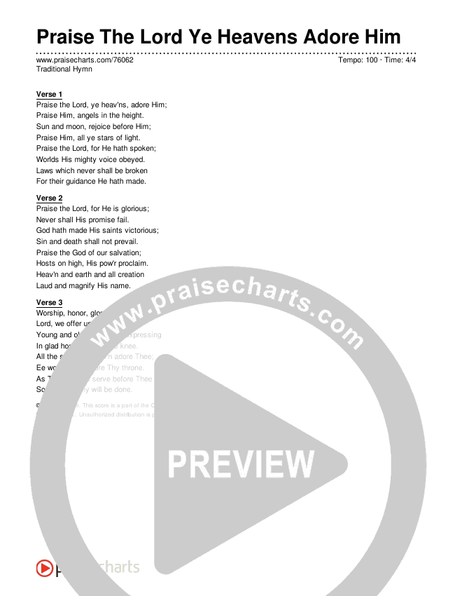 Praise The Lord Ye Heavens Adore Him Lyrics (Traditional Hymn)