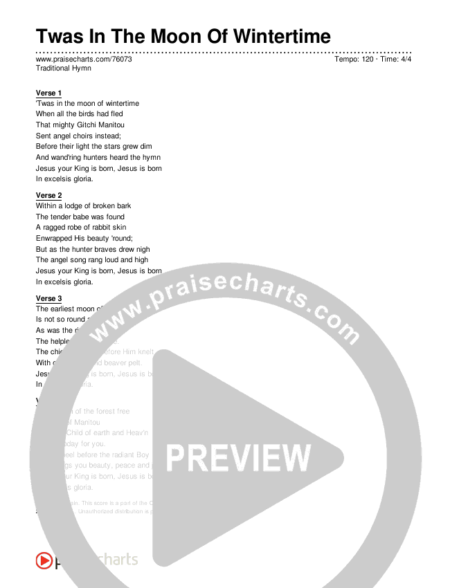 Twas In The Moon Of Wintertime Lyrics (Traditional Hymn)