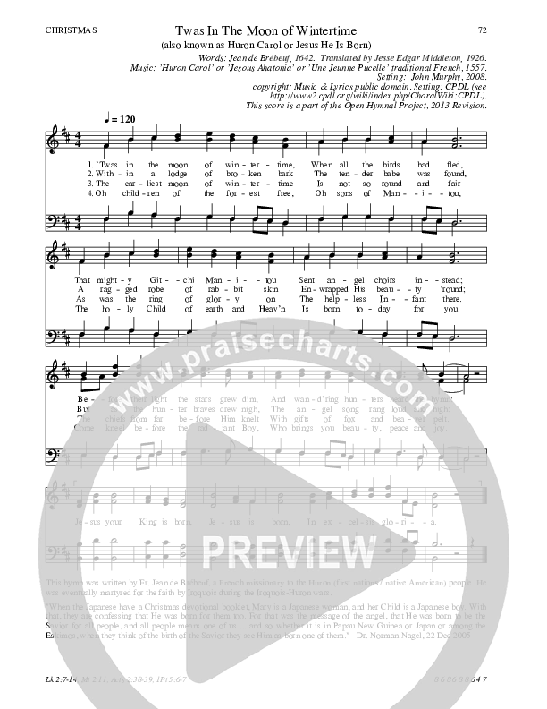 Twas In The Moon Of Wintertime Hymn Sheet (SATB) (Traditional Hymn)