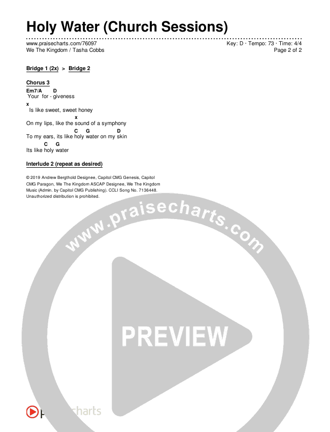Holy Water (Church Sessions) Chords & Lyrics (We The Kingdom / Tasha Cobbs Leonard)