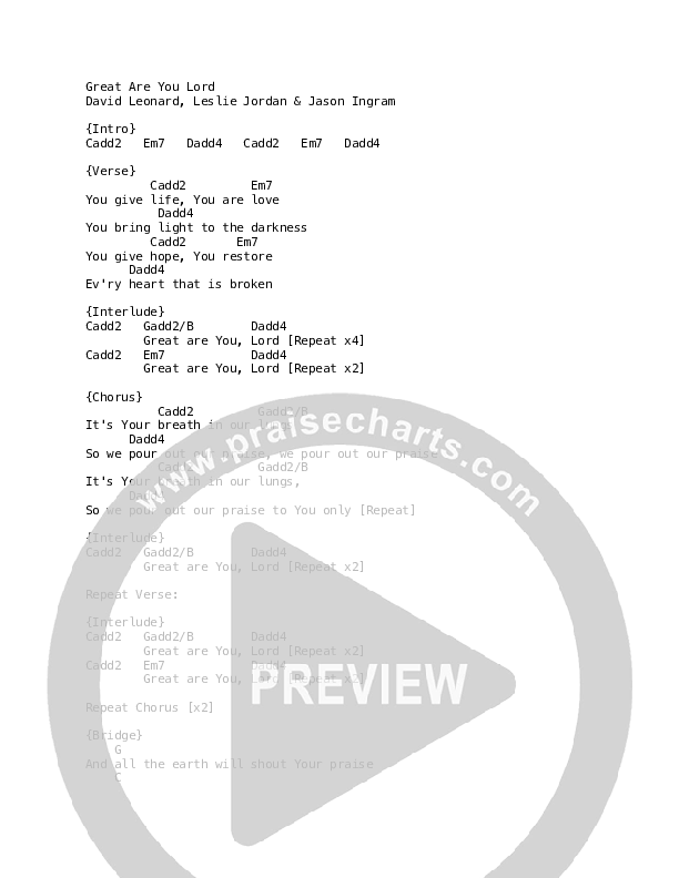 Great Are You Lord Chord Chart (REVERE / Mark Barlow / MDSN)