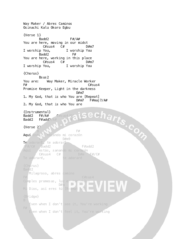Way Maker (Abres Caminos) Chord Chart (REVERE / David & Nicole Binion / Phil Thompson)