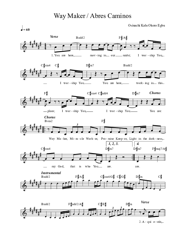 Way Maker (Abres Caminos) Lead Sheet (REVERE / David & Nicole Binion / Phil Thompson)