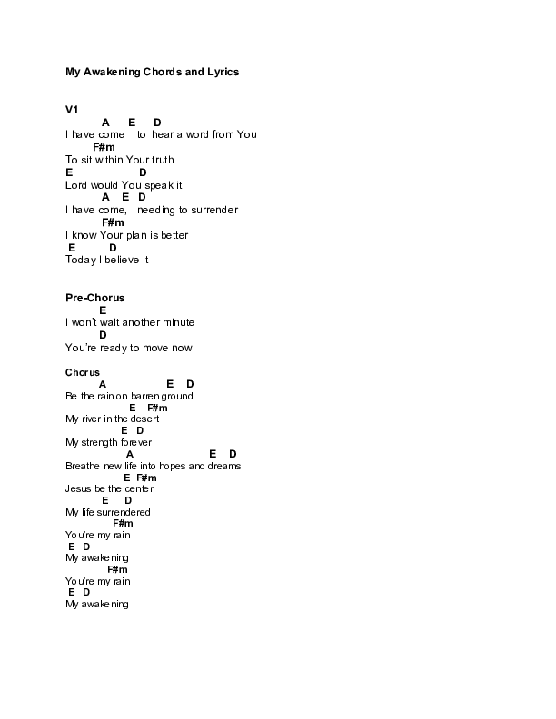 My Awakening Chord Chart (Canyon Hills Worship / Clay Finnesand)