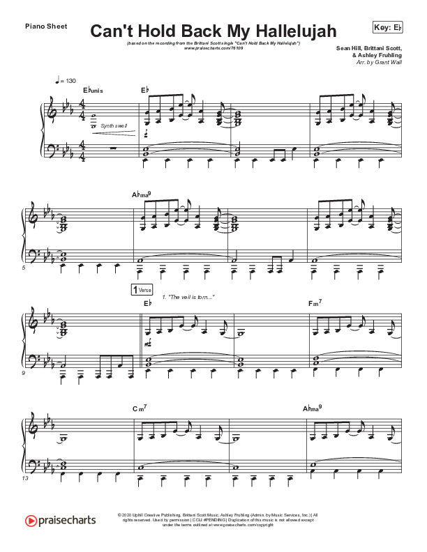 Can’t Hold Back My Hallelujah Piano Sheet (Brittani Scott)