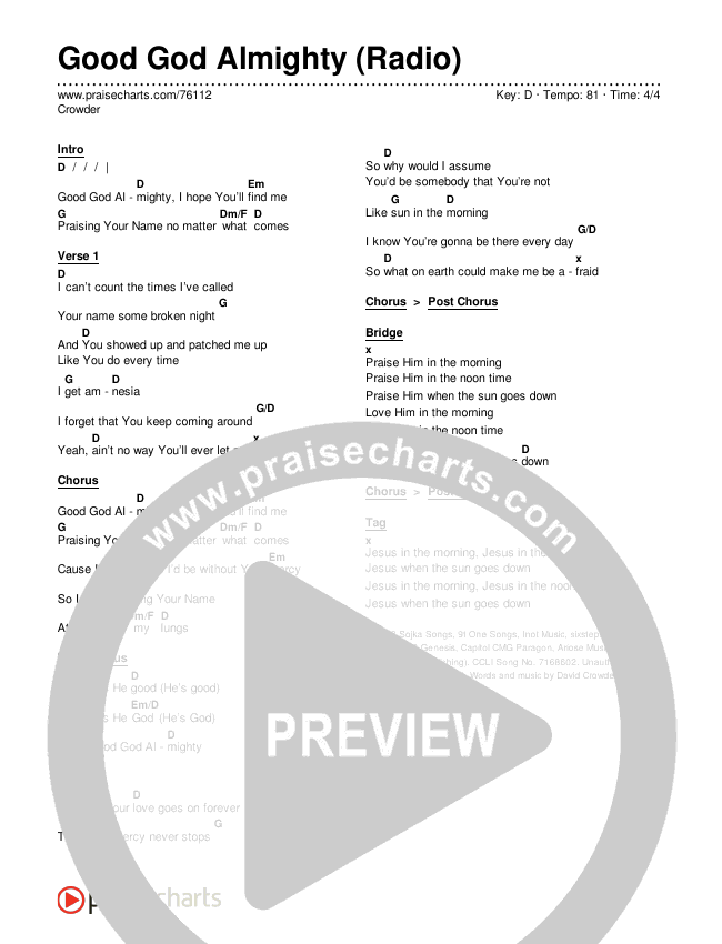 Good God Almighty (Radio) Chords & Lyrics (Crowder)