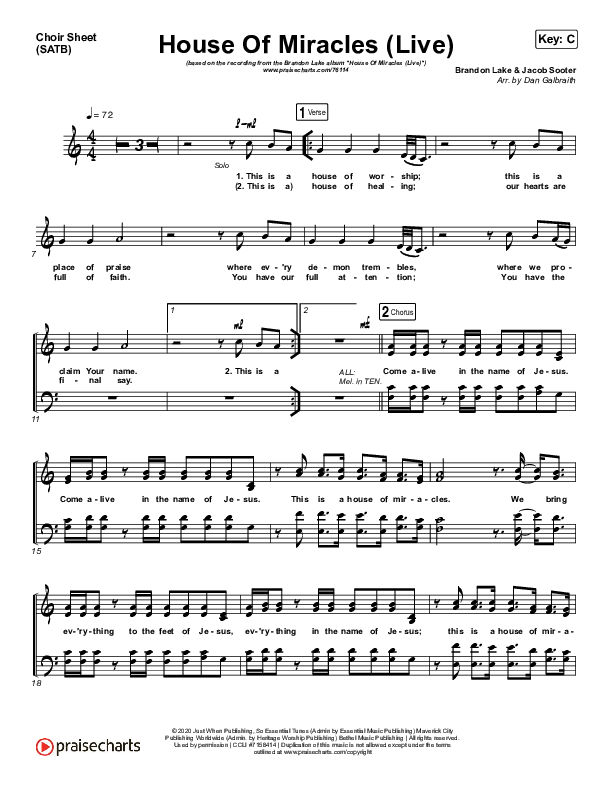 House Of Miracles (Live) Choir Sheet (SATB) (Brandon Lake)