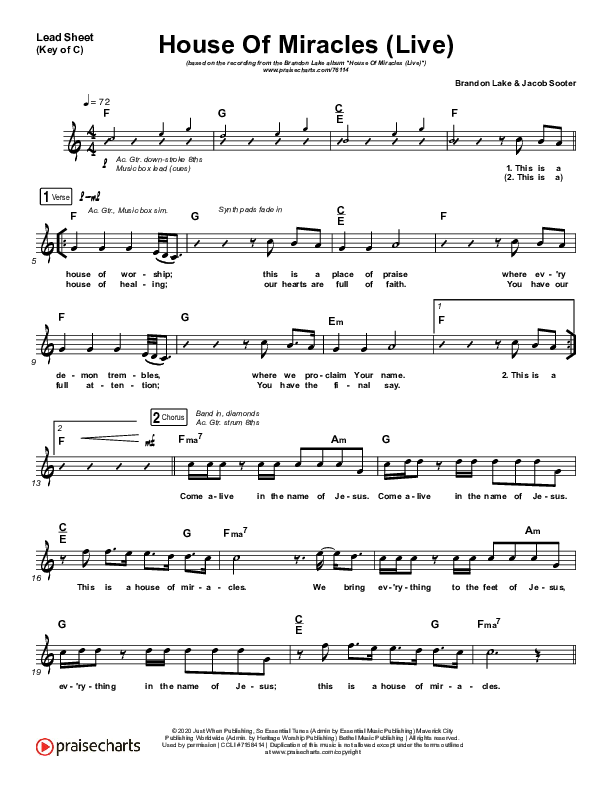 House Of Miracles (Live) Lead Sheet (Melody) (Brandon Lake)