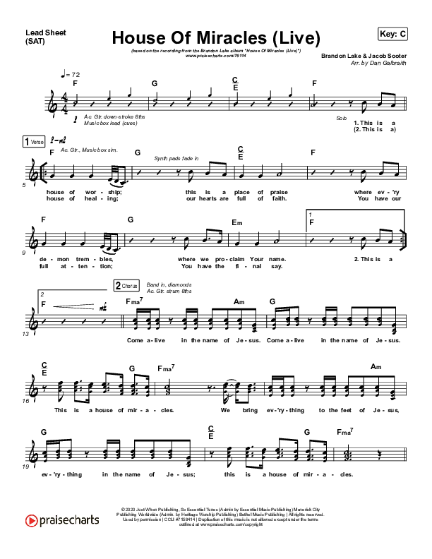House Of Miracles (Live) Lead Sheet (SAT) (Brandon Lake)