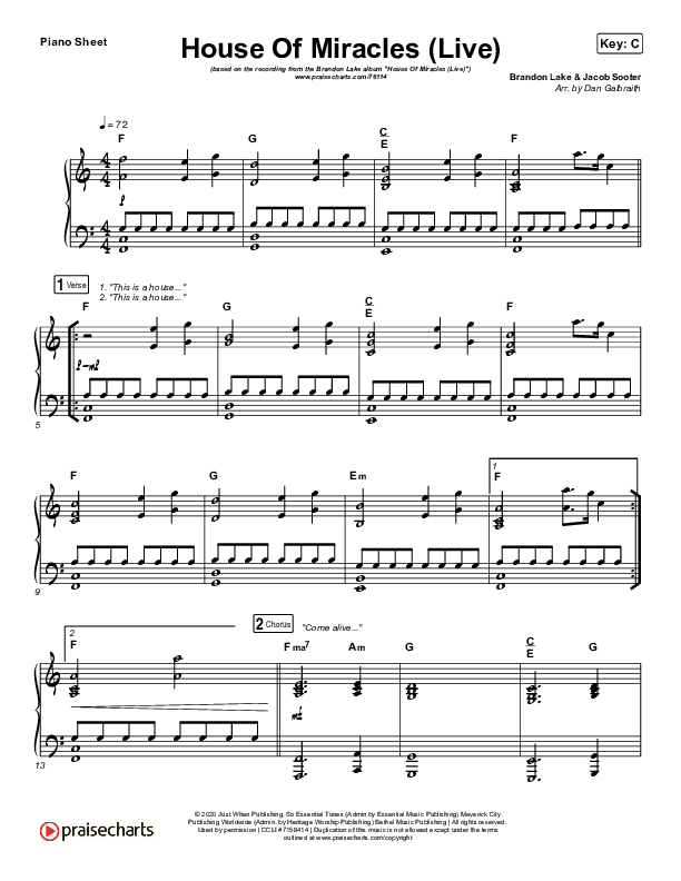 House Of Miracles (Live) Piano Sheet (Brandon Lake)