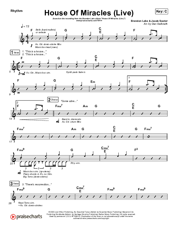 House Of Miracles (Live) Rhythm Chart (Brandon Lake)