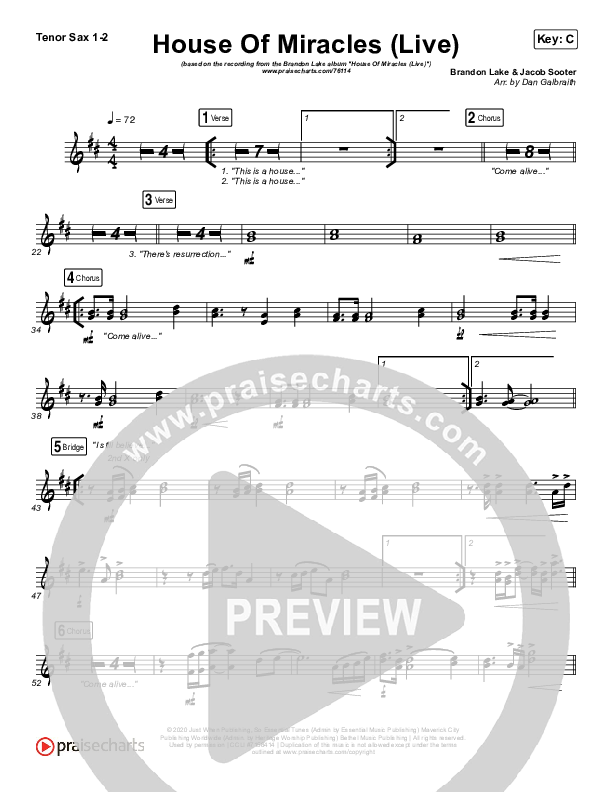 House Of Miracles (Live) Tenor Sax 1/2 (Brandon Lake)