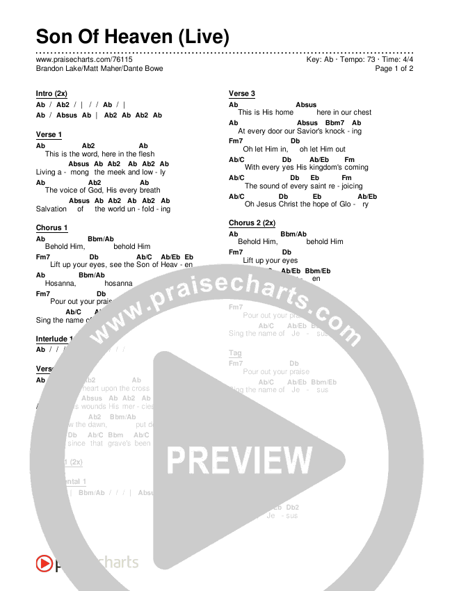 Son Of Heaven (Live) Chords & Lyrics (Brandon Lake / Matt Maher / Dante Bowe)