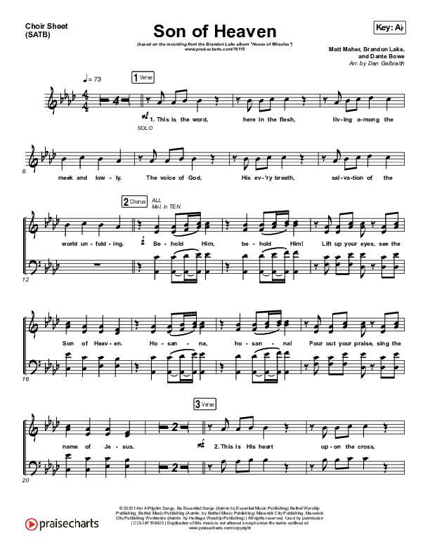 Son Of Heaven (Live) Choir Sheet (SATB) (Brandon Lake / Matt Maher / Dante Bowe)